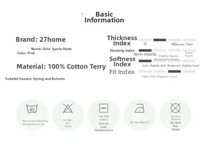 Tableau des tailles pour pantalon en coton rose avec infos tissu et conseils de lavage