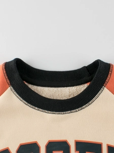 Kids color-block fleece sweatshirt with orange sleeves and vintage letter print