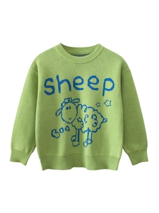 Kids green knit sweater with a blue sheep pattern and text in a soft long-sleeve style