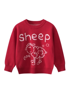 Red knit sweater for kids featuring a cute sheep jacquard pattern and rib-knit cuffs