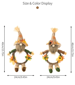 Detail of burlap gnome harvest wreath with artificial maple leaves and sunflowers
