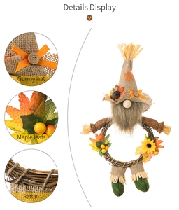 Close-up of burlap gnome, rattan wreath texture, and autumn maple leaves on harvest decor
