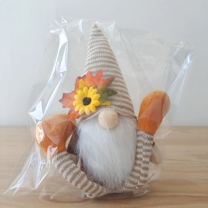 Detail showing Harvest Festival gnome in package with maple leaf and sunflower hat