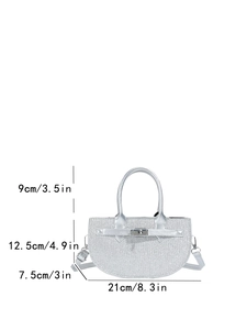 Silver semi-circular handbag with sparkling sequins and metal buckle, 21cm width dimensions
