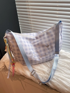 Women Gingham Hobo Shoulder Bag Plaid Embroidery Cartoon Bear Large Capacity Dumpling Crossbody Bag Urban Minimalist Commuter Bag