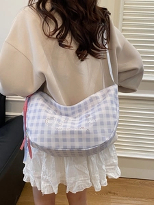 Plaid canvas hobo crossbody bag with star embroidery and decorative red ribbon