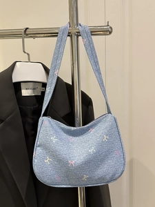 Women Denim Shoulder Bag Colorful Bow Embroidery Underarm Baguette Style Retro Aesthetic Daily Casual