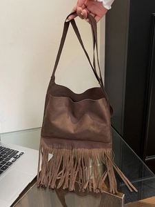 Vintage Bohemian Tassel Shoulder Bag For Women Faux Suede PU Leather Fringe Crossbody Bag Retro Simple Small Square Bag