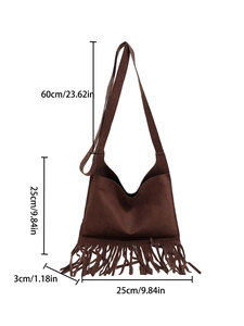 Vintage brown suede crossbody bag with long fringes and dimensions measurement guide