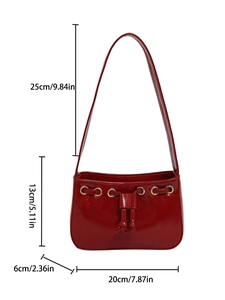 Red patent leather shoulder bag with drawstring detail and dimensions 20x6x13cm