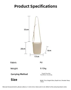 Litchi pattern bucket bag specs showing 17cm width and 20cm height on white background