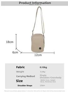 Detailed dimension guide for beige nylon crossbody bag with dimensions 12x18x6cm