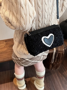 Chic black plush shoulder bag with heart patch and gold hardware for autumn winter