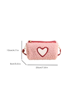 Pink fleece handbag with white heart patch and dimensions 20x12x9cm for daily fashion