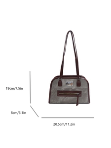 Graue Retro-Achseltasche aus Canvas mit Maßen 28,5 cm Breite und braunen Lederriemen