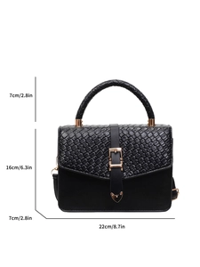 Sac à main rétro en cuir PU noir avec rabat tissé et détails en métal doré chic