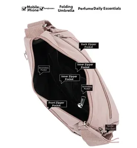 Detail of pink nylon handbag showing multi-pocket interior storage and zipper layout