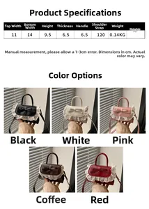 Tableau des tailles du mini sac en dentelle avec dimensions et cinq coloris