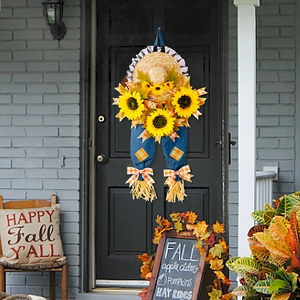 Decorazione autunnale rustica per porta con girasole cappello di paglia e denim