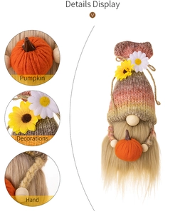 Detail display of Thanksgiving gnome with knitted hat, white daisy, and orange pumpkin