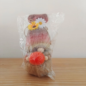 Close-up of harvest gnome with knitted shell hat holding a pumpkin in plastic wrap