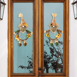 Set of 2 autumn harvest gnome wreaths with burlap hats, maple leaves, and sunflowers