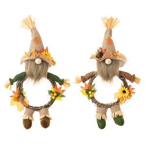 Set of 2 autumn harvest gnome wreaths with burlap hats, maple leaves, and berries