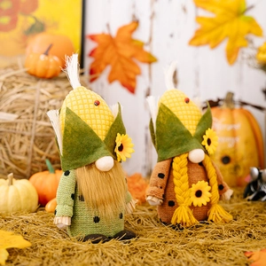 Détails de gnomes d'automne avec chapeaux de maïs et tournesols sur de la paille