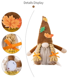 Detail display of fall gnome with maple leaf hat, braids, and AAA battery compartment