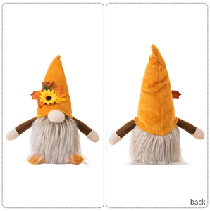 Front and back views of a lighted harvest gnome with maple leaf hat and sunflower detail
