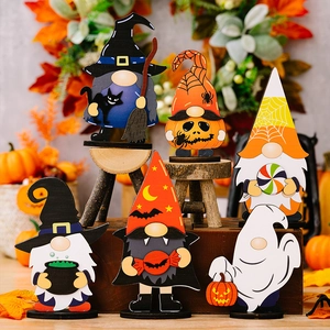 Set of 6 wooden Halloween gnomes featuring classic witch hats, black cats and pumpkins