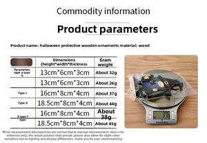 Size specifications for wooden Halloween gnome ornaments with dimensions and weight details