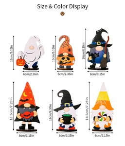 Size display of wooden Halloween dwarf and ghost figurines with detailed dimensions