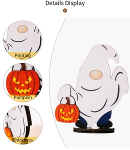 Detail view of wooden Halloween ghost ghost decor showing printing quality and thickness