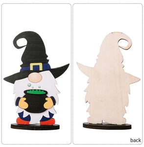 Front and back detail of a wooden Halloween gnome ornament with a round stand