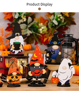 Detailed Halloween wooden gnome figurine set featuring ghost and pumpkin festive decors