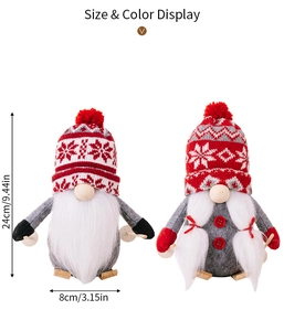 Size detail of Christmas faceless gnome plush dolls on wooden sleds with knitted snowflake hats