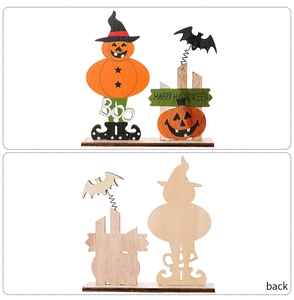 Front and back views of wooden Halloween table decor with pumpkin, ghost and bat details