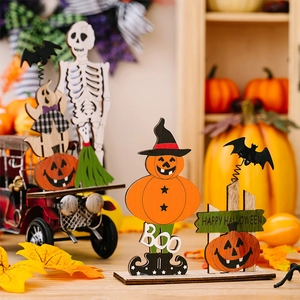 Detailed Halloween wooden decor featuring pumpkins, bats, and skulls with BOO letters