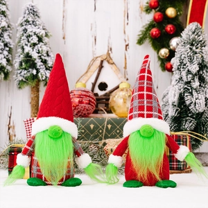 Close-up of plush Christmas gnomes with green faux fur beards and knit holiday hats