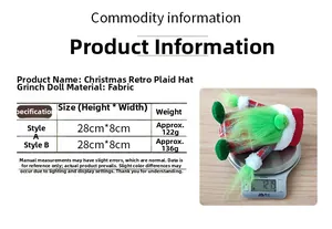 Detailed view of Christmas Grinch gnome doll being weighed showing dimensions and fabric textures
