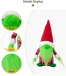 Detail display of Christmas gnome showing nose, hand and green faux fur beard textures