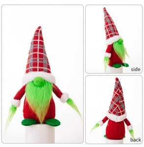 Detailed three-sided views of a Christmas gnome with green beard and red plaid hat