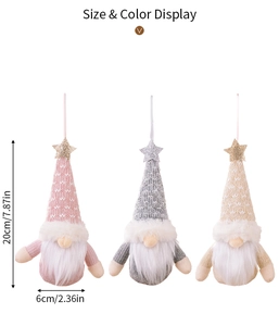 Detailed size display of three knitted Christmas gnomes in pink, grey and beige colors