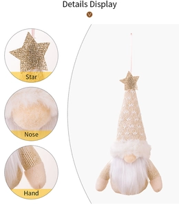 Detail display of Christmas gnome ornament with golden star and knitted pointed hat