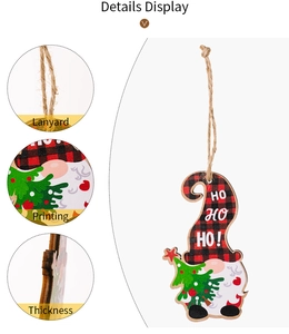 Detailed views of wooden Santa gnome pendant showing material, print quality, and rope