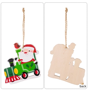 Front and back view of wooden Santa Claus steam train ornament with natural jute twine