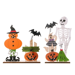 Halloween wooden desktop ornaments set featuring pumpkin man and spring skeleton figures