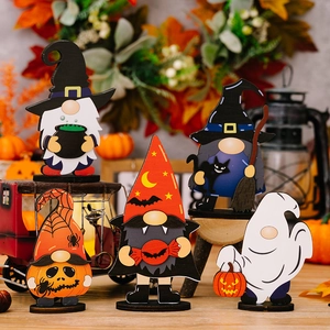 Five-piece Halloween wooden gnome set with witch, pumpkin, and ghost designs on bases