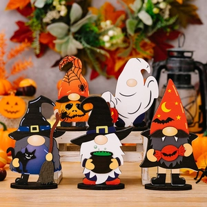Five Halloween wooden gnomes tabletop decor set including ghost, spider and pumpkin motifs